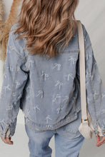 Load image into Gallery viewer, Bow Knot Print Light Wash Raw Hem Denim Jacket