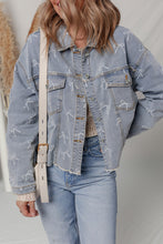 Load image into Gallery viewer, Bow Knot Print Light Wash Raw Hem Denim Jacket
