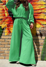 Load image into Gallery viewer, Drop Shoulder Puff Sleeve Crop Pullover Drawstring Wide Leg Pants Set
