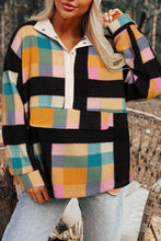 Load image into Gallery viewer, Plaid Print Pocketed Half Button Collared Sweatshirt