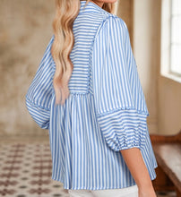 Load image into Gallery viewer, Striped Collared V Neck Ricrac Trim 3/4 Puff Sleeve Blouse