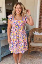 Load image into Gallery viewer, Floral Print Flutter Sleeve Striped Trim Square Neck Loose Mini Dress
