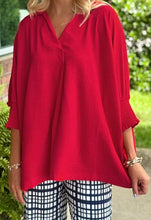 Load image into Gallery viewer, V Neck Collared Shirred 3/4 Sleeve Oversized Tunic Top