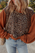 Load image into Gallery viewer, Leopard Floral Print Ribbed Puff Sleeve Patchwork Loose Pullover