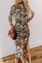 Load image into Gallery viewer, Floral Print Mock Neck Bodycon Long Sleeve Midi Dress