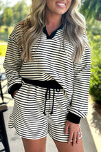 Load image into Gallery viewer, Stripe Collared Long Sleeve Top and Drawstring Shorts Set