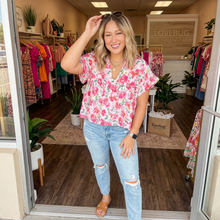 Load image into Gallery viewer, Floral Boxy Fit Ruffled Short Sleeve V Neck Blouse