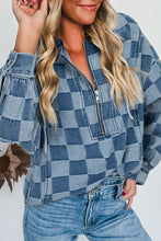 Load image into Gallery viewer, Checkerboard Zipped Neck Kangaroo Pocket Denim Hoodie