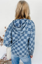 Load image into Gallery viewer, Checkerboard Zipped Neck Kangaroo Pocket Denim Hoodie