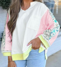 Load image into Gallery viewer, Floral Colorblock Patchwork Chest Pocket Notched Neck Long Sleeve Top