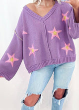 Load image into Gallery viewer, Lavender Brushed Star Graphic V Neck Drop Shoulder Oversize Sweater