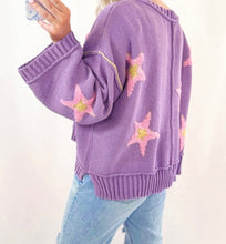 Load image into Gallery viewer, Lavender Brushed Star Graphic V Neck Drop Shoulder Oversize Sweater