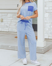 Load image into Gallery viewer, Stripe Crew Neck Tee Drawstring Waist Cropped Pants Set