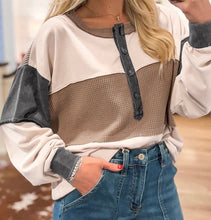 Load image into Gallery viewer, Jet Stream Color Block Waffled Patchwork Loose Henley Top