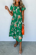 Load image into Gallery viewer, Green Floral Print Bubble Sleeve Smocked Tiered Midi Dress