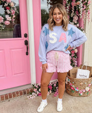 Load image into Gallery viewer, Gingham Print Ruffle Striped Detail Lace Tie Shorts