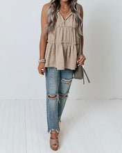 Load image into Gallery viewer, Khaki Split V Neck Tiered Ruffle Tank Top