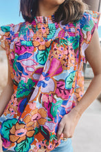 Load image into Gallery viewer, Floral Print Flutter Sleeve Smocked Neck Blouse