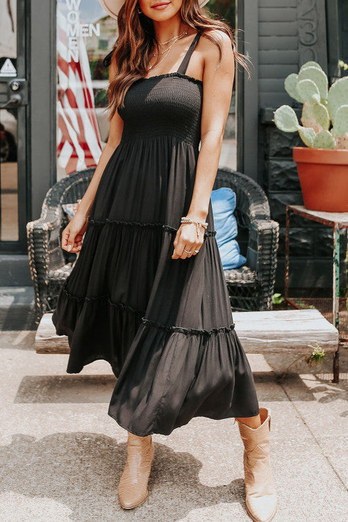 Tie Strap Smocked Frill Tiered Midi Dress  Lovebug Boutique