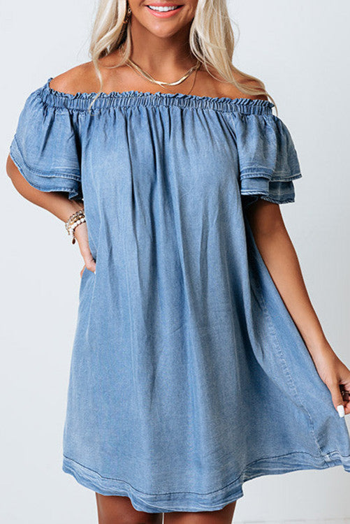 white christmas dresses Off-shoulder Ruffle Sleeves Chambray Dress – Lovebug Boutique