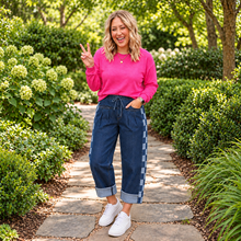 Load image into Gallery viewer, Checkered Side Panel Patchwork Drawstring Loose Denim Pants
