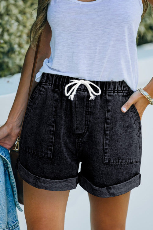 Black Pocketed Drawstring High Waist Denim Shorts