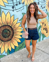 Load image into Gallery viewer, Scalloped Trim Relaxed Denim Shorts
