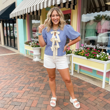 Load image into Gallery viewer, Striped Tied Front Puff Short Sleeve Blouse
