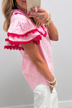 Load image into Gallery viewer, Eyelet Embroidered Flower Texture Contrast Lace Trim Flutter Sleeve Blouse
