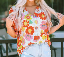 Load image into Gallery viewer, Orange Abstract Print V Neck Half Sleeve Blouse
