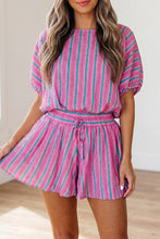 Load image into Gallery viewer, Stripe Dolman Short Sleeve Blouse Drawstring Elastic Waist Loose Short Set
