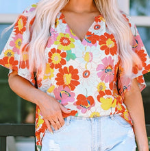 Load image into Gallery viewer, Orange Abstract Print V Neck Half Sleeve Blouse
