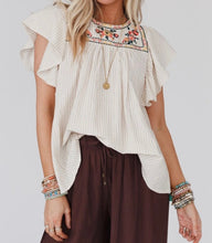 Load image into Gallery viewer, Stripe Ruffled Sleeve Embroidered Blouse
