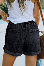 Load image into Gallery viewer, Black Pocketed Drawstring High Waist Denim Shorts
