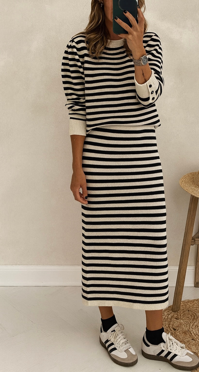 Black Stripe Ribbed Trim Button Cuff Long Sleeve Top Midi Skirt 2pcs Outfit