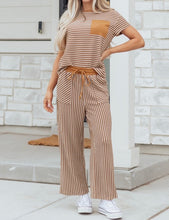 Load image into Gallery viewer, Stripe Crew Neck Tee Drawstring Waist Cropped Pants Set
