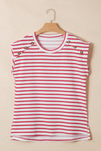 Load image into Gallery viewer, Red Stripe Textured Knit Button Detail Short Sleeve Casual Tee
