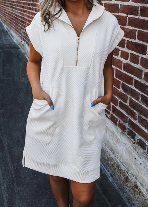 Textured Half Zip Collared Cap Sleeve Mini Dress