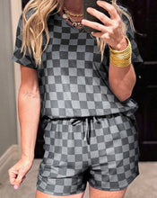 Load image into Gallery viewer, Checkered V Neck Tee Drawstring Shorts Lounge Set
