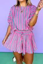 Load image into Gallery viewer, Stripe Dolman Short Sleeve Blouse Drawstring Elastic Waist Loose Short Set
