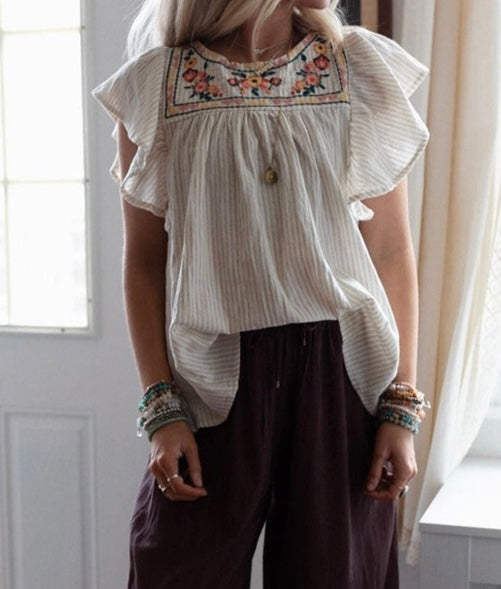 Stripe Ruffled Sleeve Embroidered Blouse