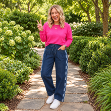 Load image into Gallery viewer, Checkered Side Panel Patchwork Drawstring Loose Denim Pants
