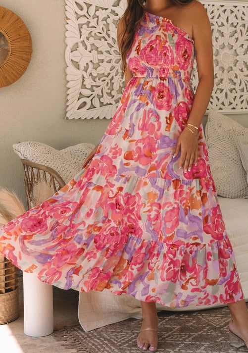 Floral Print Shirred One Shoulder Maxi Dress