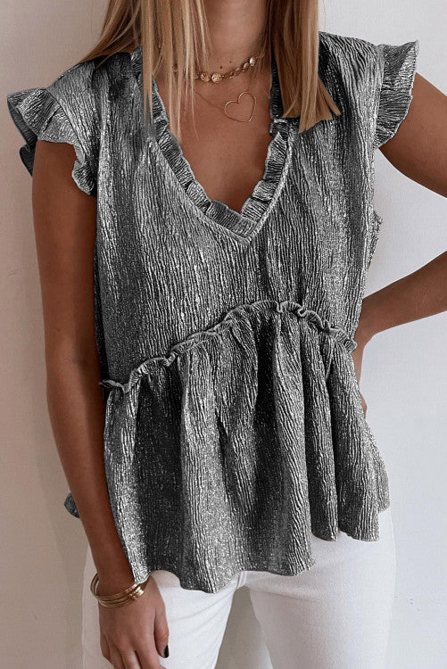 Frilled V Neck Metallic Crinkle Blouse