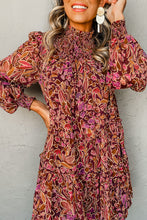 Load image into Gallery viewer, Instock small Floral Print Long Sleeve Shirred High Neck Loose Mini Dress
