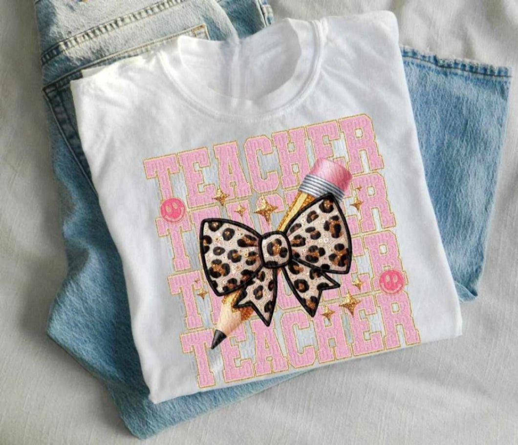 Teacher with leopard bow tee