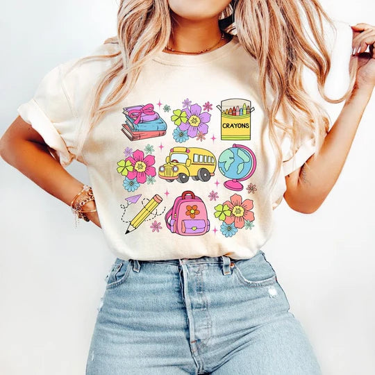 School supplies & flowers collage tee