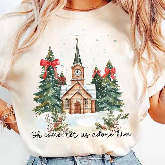 oh come let us adore him (red) tee