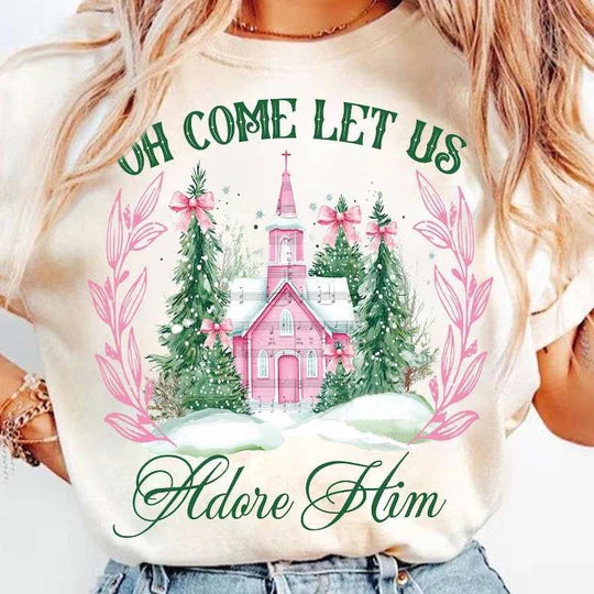 oh come let us adore him (pink) tee