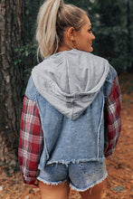 Load image into Gallery viewer, Plaid Print Patchwork Hooded Raw Hem Denim Jacket
